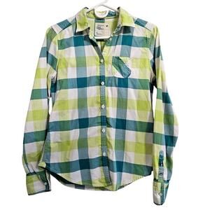 American Eagle Green Blue Cotton Flannel Plaid Button Long Sleeve Women's Size 6